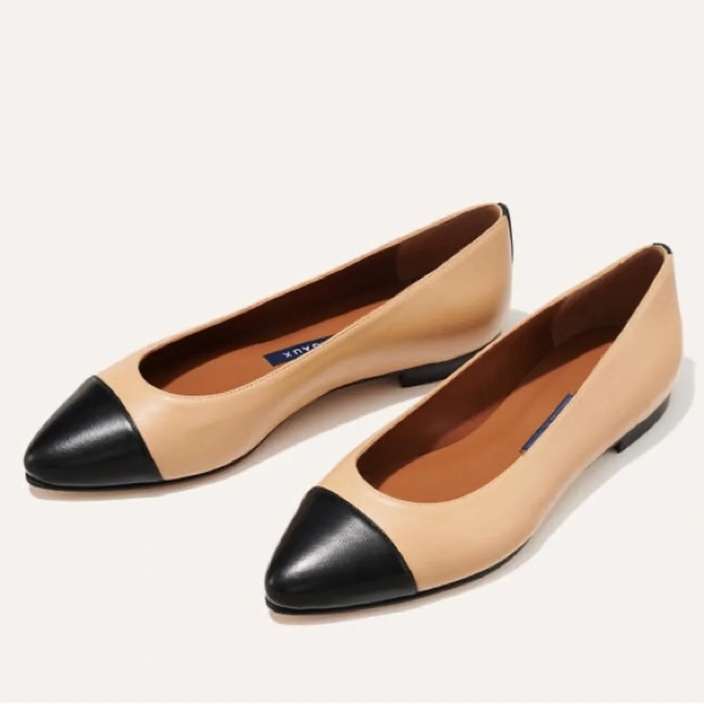 Margaux The Pointe Italian Nappa Leather Colorblock Flats Dune Beige Black 37.5W - Picture 1 of 9